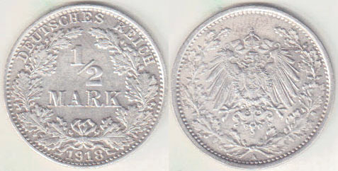 1918 A Germany silver 1/2 Mark A000684